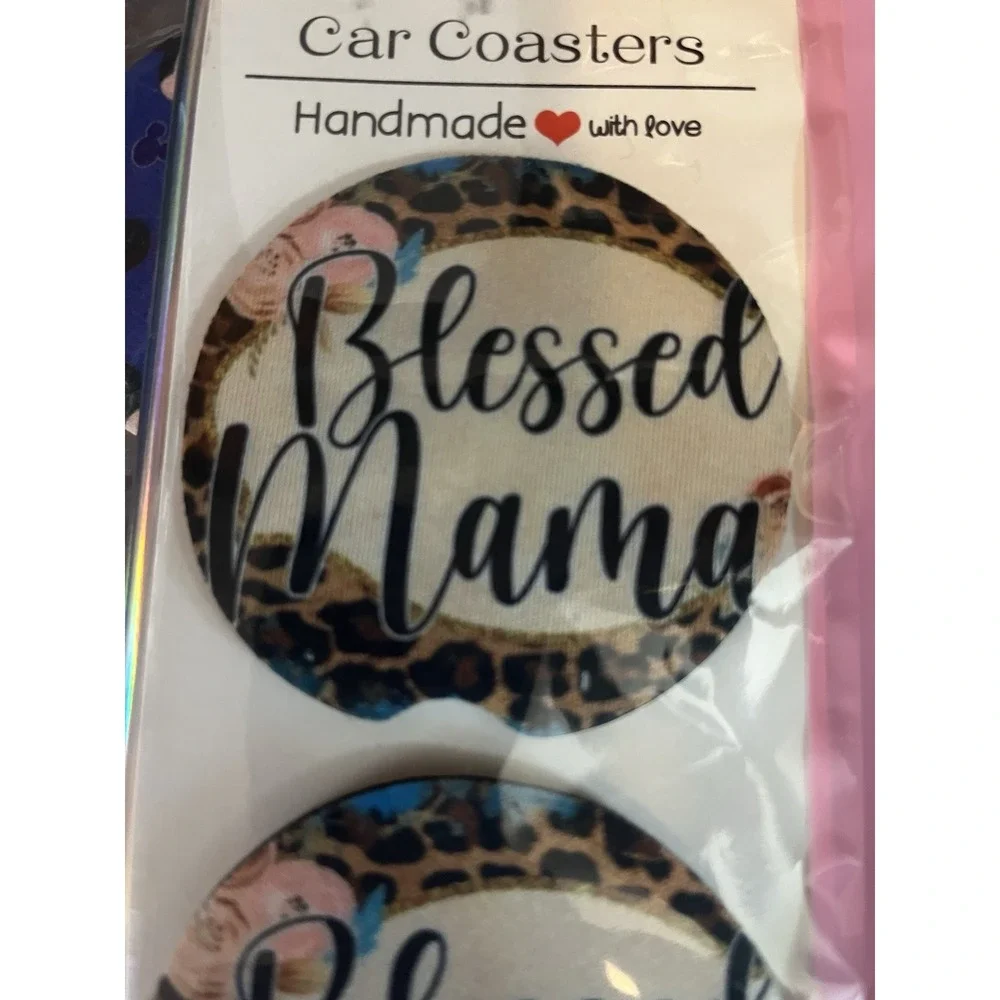 Blessed Mama Set of 2 Car Coasters Leopard Cheetah Print Neoprene